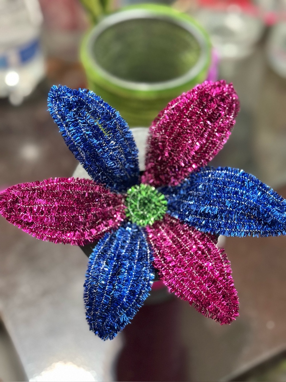 Handcrafted Sparkling Blue & Pink Tinsel Flower Stem Charm